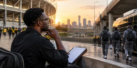 Man analyzing home and away team forms outside a football stadium before a match